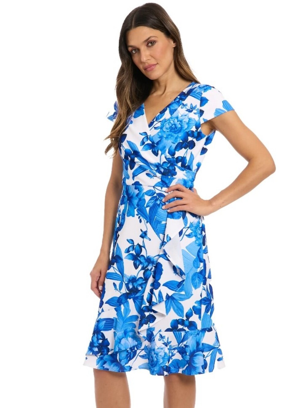 London Times NWT 20W Blue White Floral Ruffle Wrap Midi Dress $109